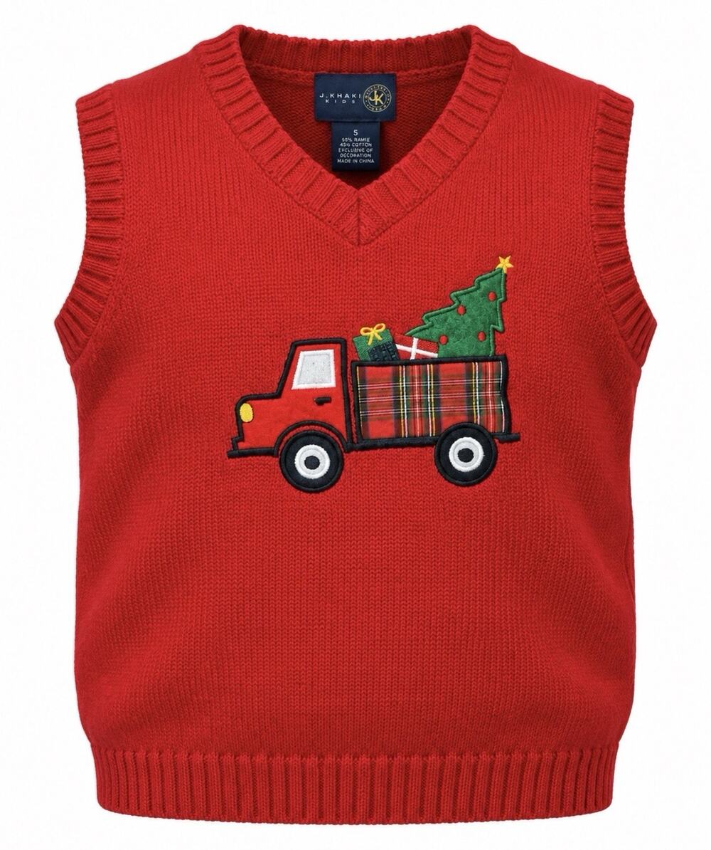 J Khaki Kids Boys Size 5 Christmas Sweater Vest Red Truck Tree Holiday Plaid